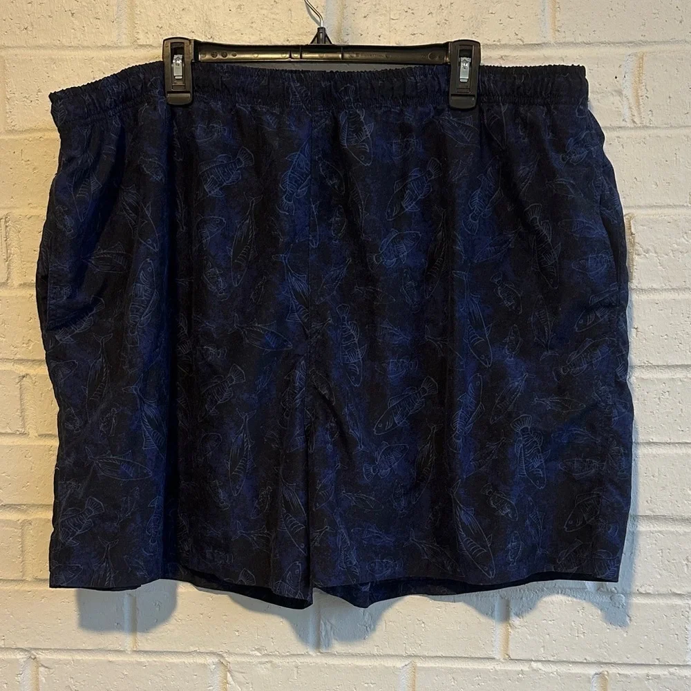 Trader Bay Blue Swim Trunks Pale Blue Fish Print Elastic Drawcord Waist 2XL NWOT